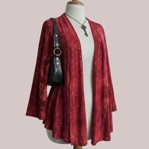 Red Sequin Open Front Cardigan Plus Size Vintage 2x Boho Indie